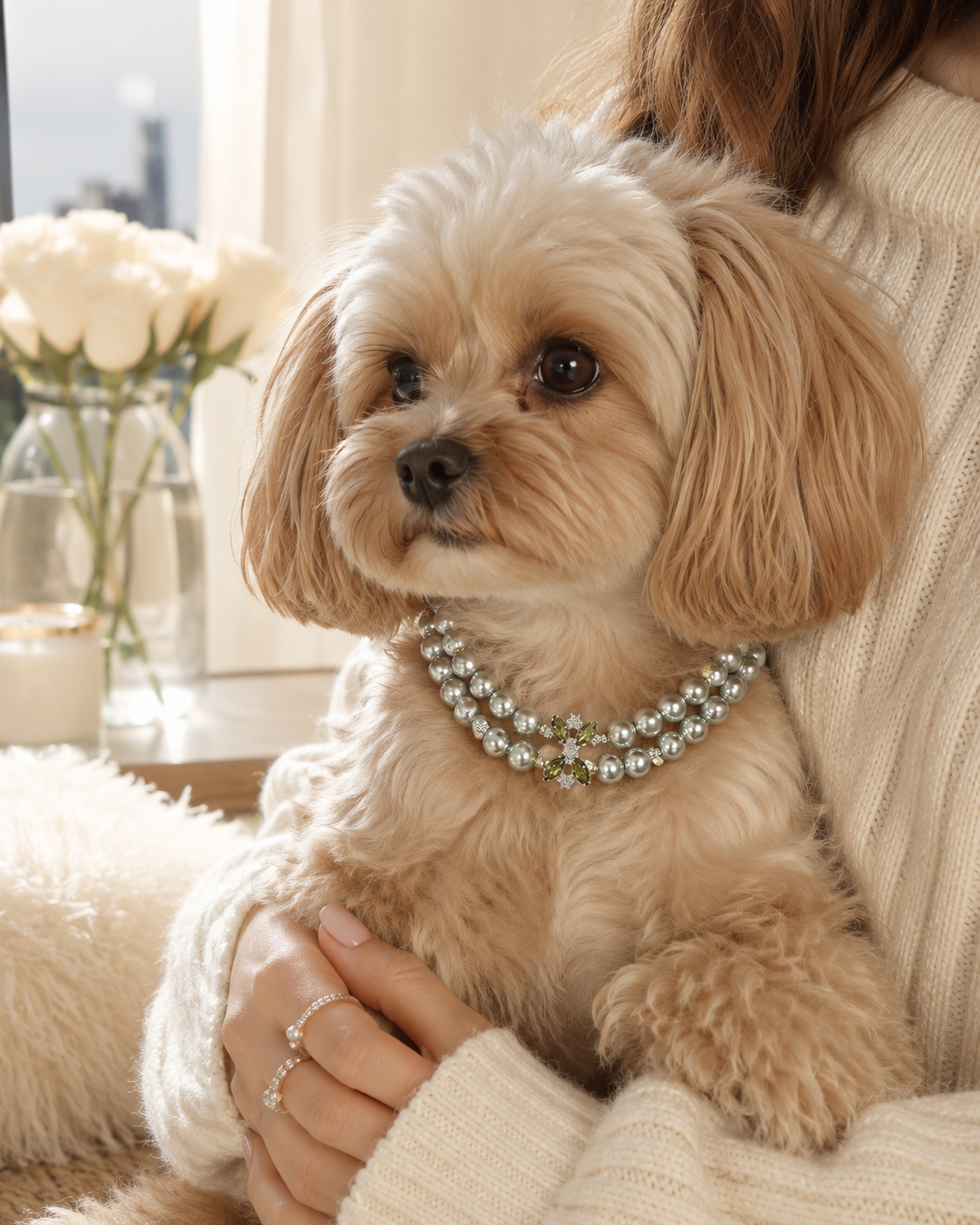 Handmade Lucky Silver Pearl Pet Collar with Butterfly Charm
