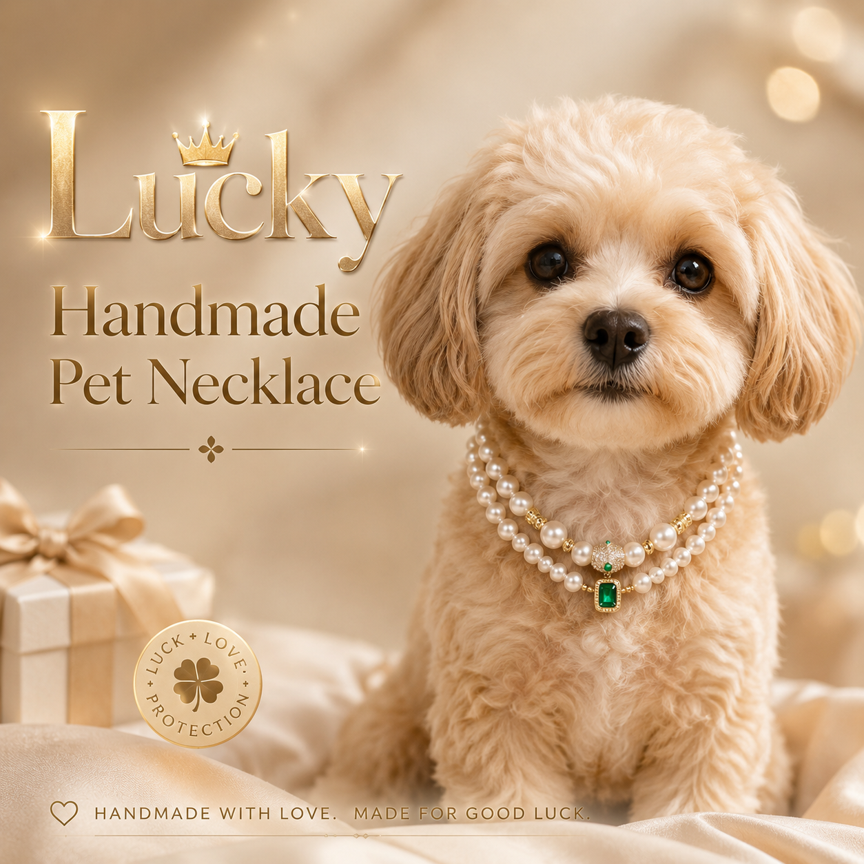 Handmade Lucky Charm Pet Pearl Necklace Elegant Handmade Pet Necklace with Lucky Green Pendant
