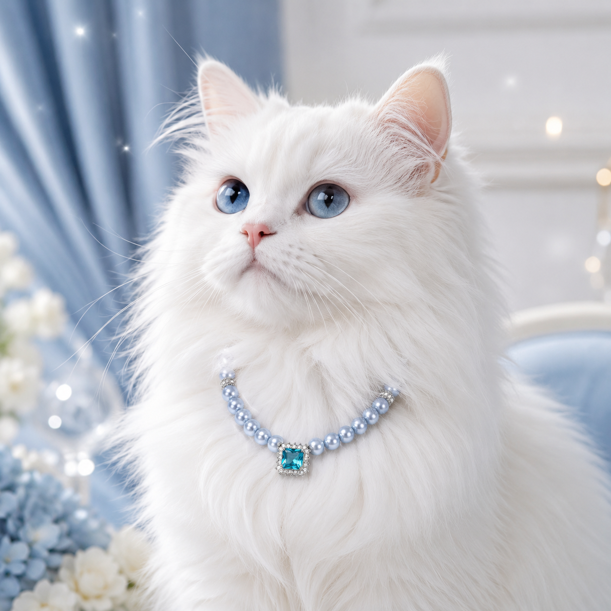 Handmade Lucky Aqua Blue Pearl Pet Necklace with Heart Charm