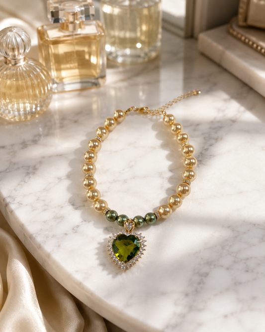 Handmade Lucky Green Heart Pearl Pet Necklace