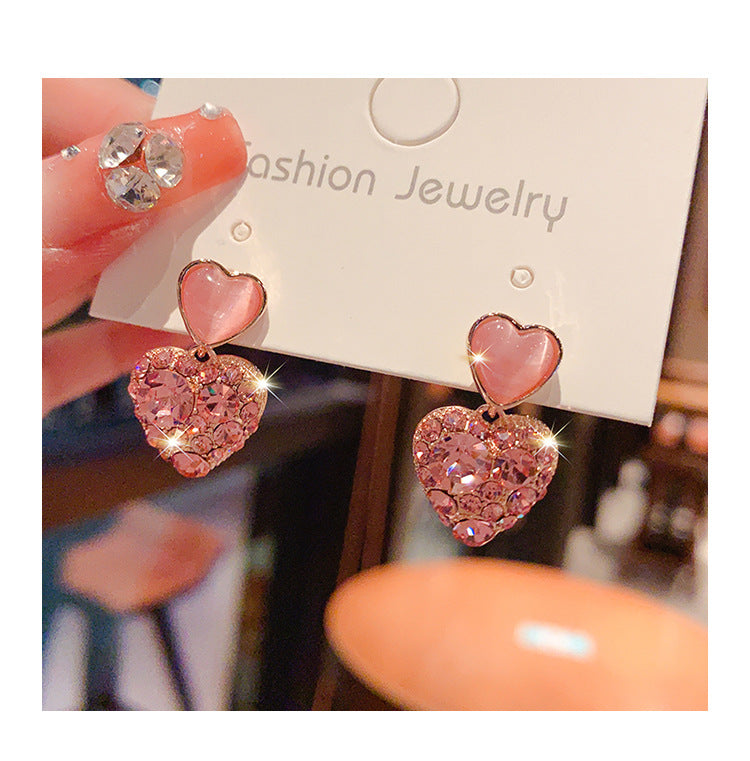 new Internet celebrity explosion pink diamond love stud earrings women's silver needle high-end fashion earrings tide
