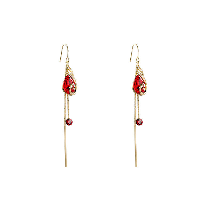 Long synthetic crystal earrings, peacock-inspired, stylish earrings for women, 925 silver ear hooks, tassel, sexy, trendy earrings