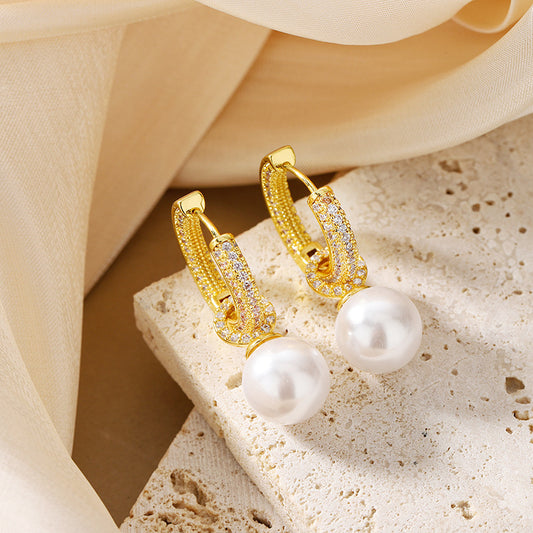 Pearl earrings, light luxury, diamond-encrusted, elegant, ear-piercing earrings, niche design, fashionable, versatile, trendy earrings, exquisite