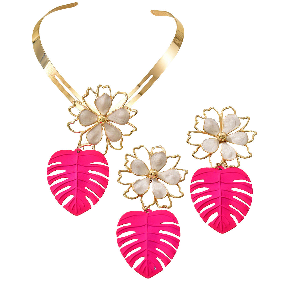 Metal Leaf Earrings & Floral Necklace Set
