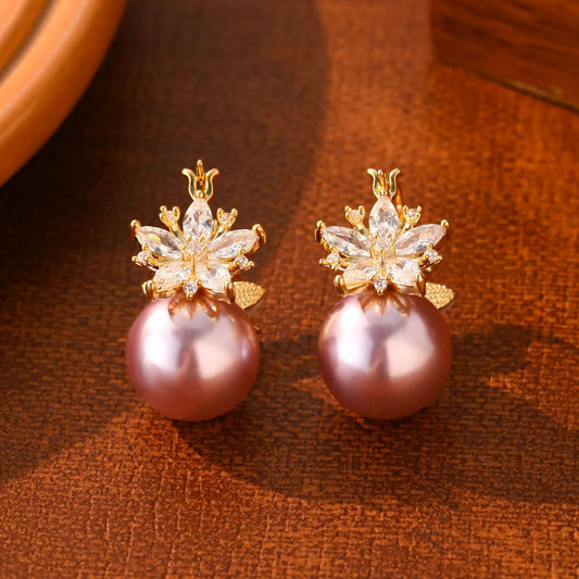 New opal flower pearl earrings, high-end sense slightly inlaid, personalized design temperament stud earrings, fashionable light luxury earrings.