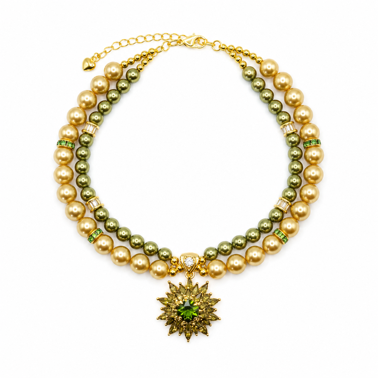 Handmade Lucky Gold Green Pearl Pet Necklace with Flower Charm