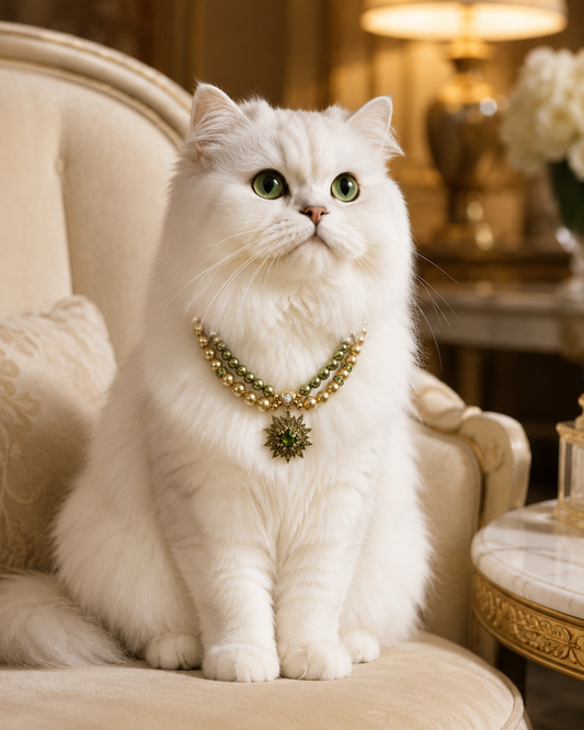 Handmade Lucky Gold Green Pearl Pet Necklace with Flower Charm