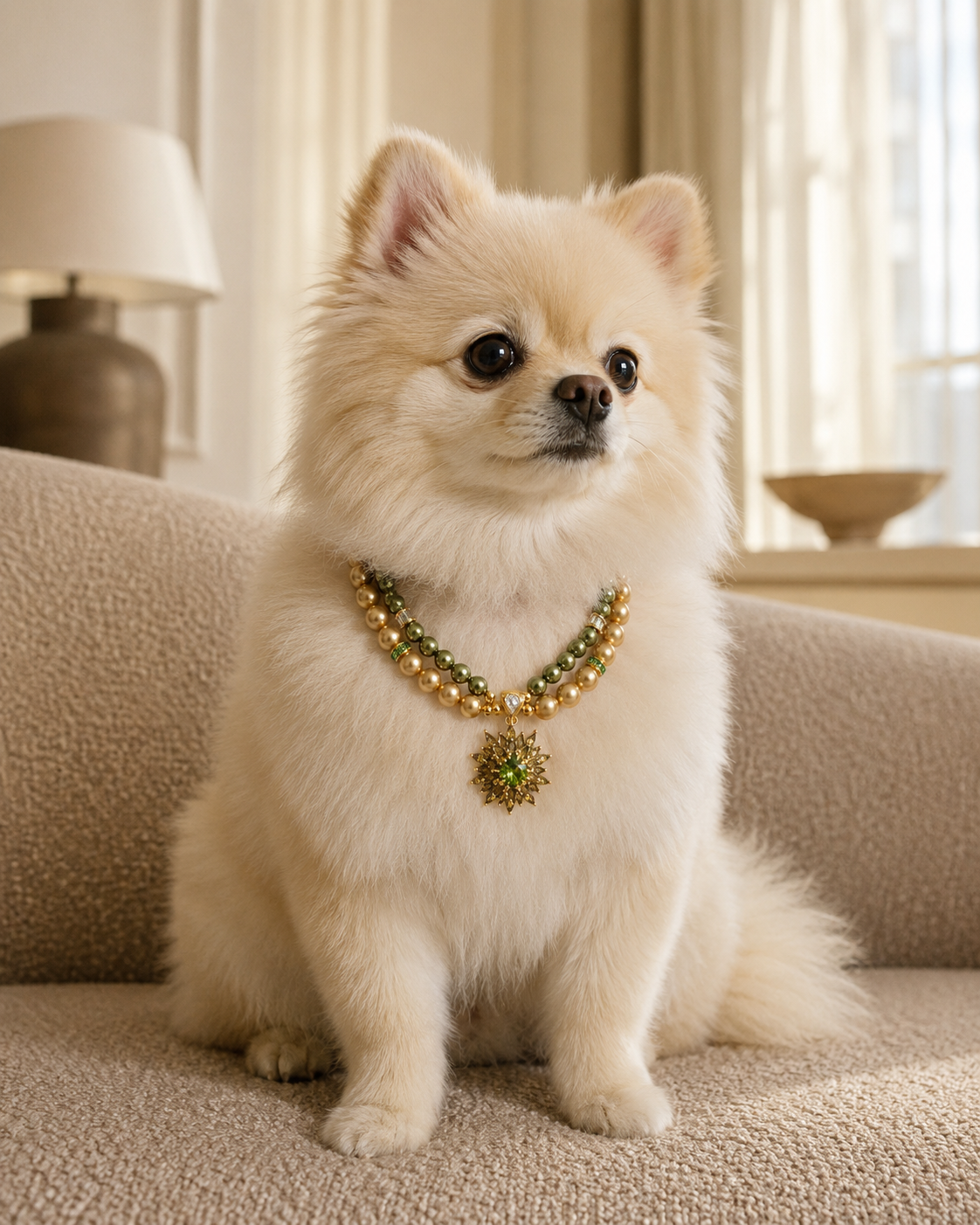 Handmade Lucky Gold Green Pearl Pet Necklace with Flower Charm