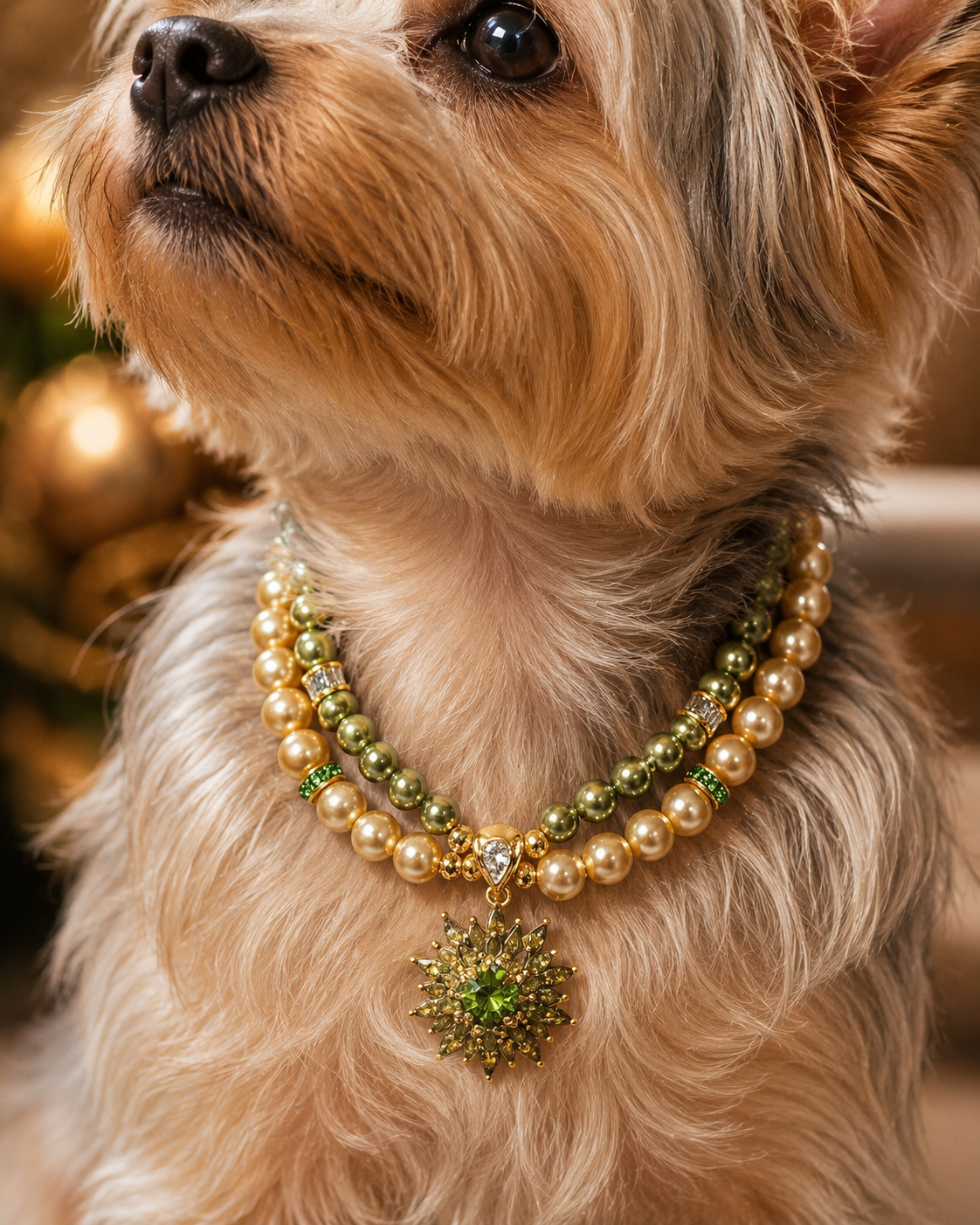 Handmade Lucky Gold Green Pearl Pet Necklace with Flower Charm