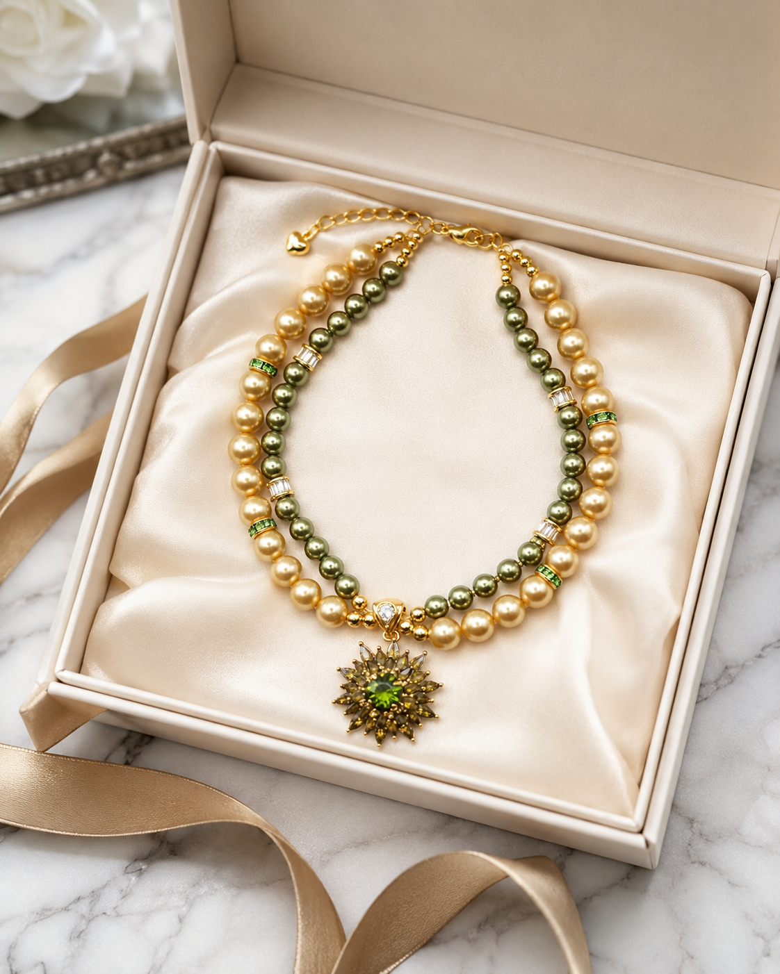 Handmade Lucky Gold Green Pearl Pet Necklace with Flower Charm