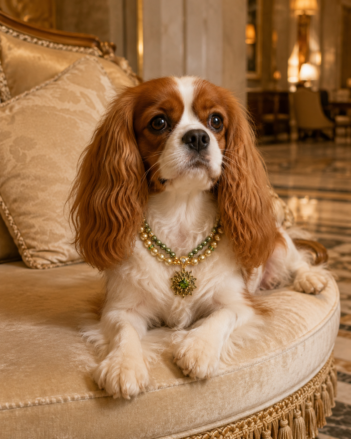 Handmade Lucky Gold Green Pearl Pet Necklace with Flower Charm