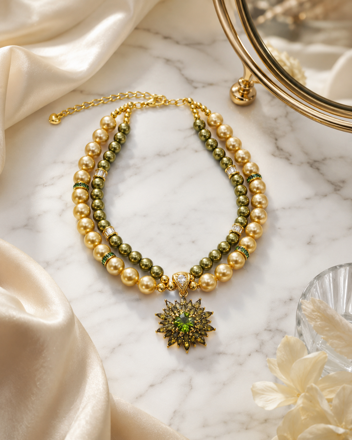 Handmade Lucky Gold Green Pearl Pet Necklace with Flower Charm