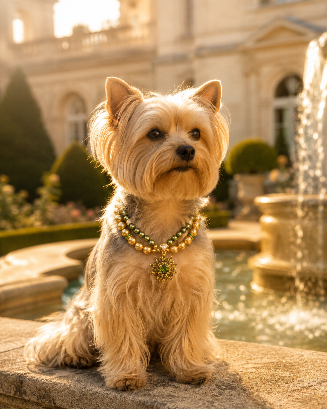 Handmade Lucky Gold Green Pearl Pet Necklace with Flower Charm