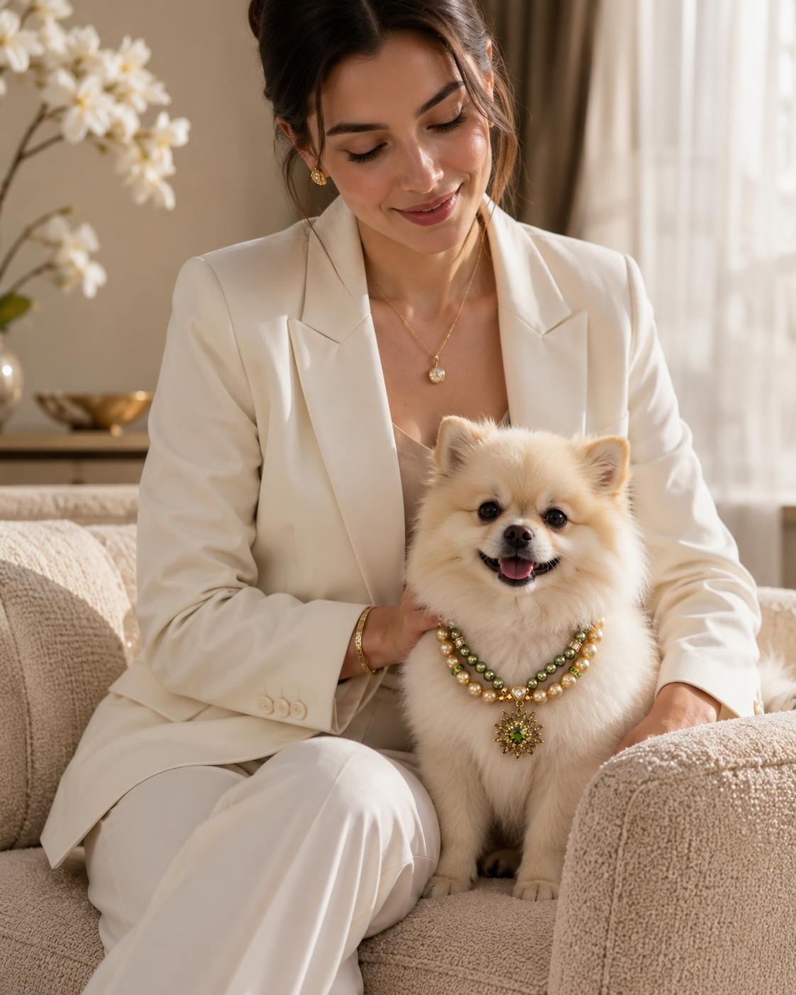 Handmade Lucky Gold Green Pearl Pet Necklace with Flower Charm