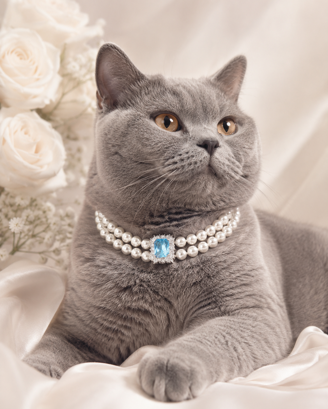 Handmade Lucky Blue Gem Pearl Pet Necklace