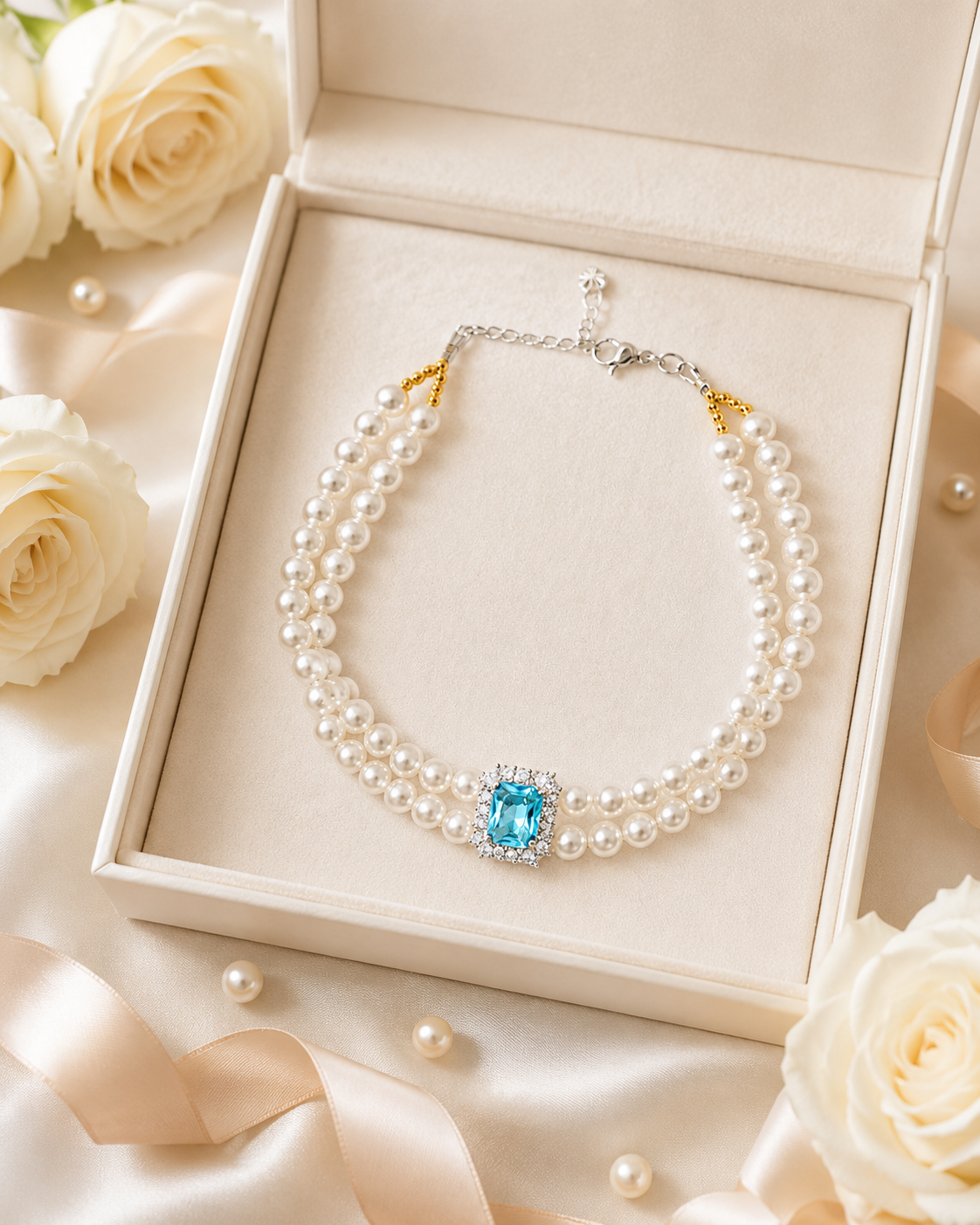 Handmade Lucky Blue Gem Pearl Pet Necklace