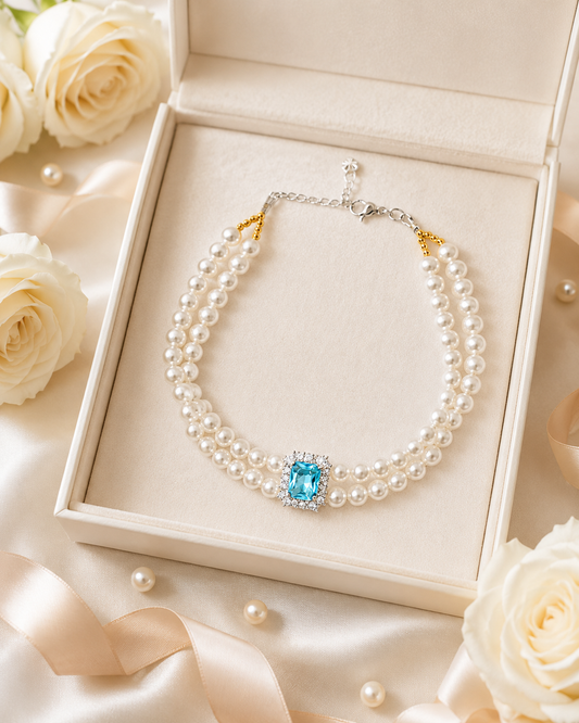 Handmade Lucky Blue Gem Pearl Pet Necklace