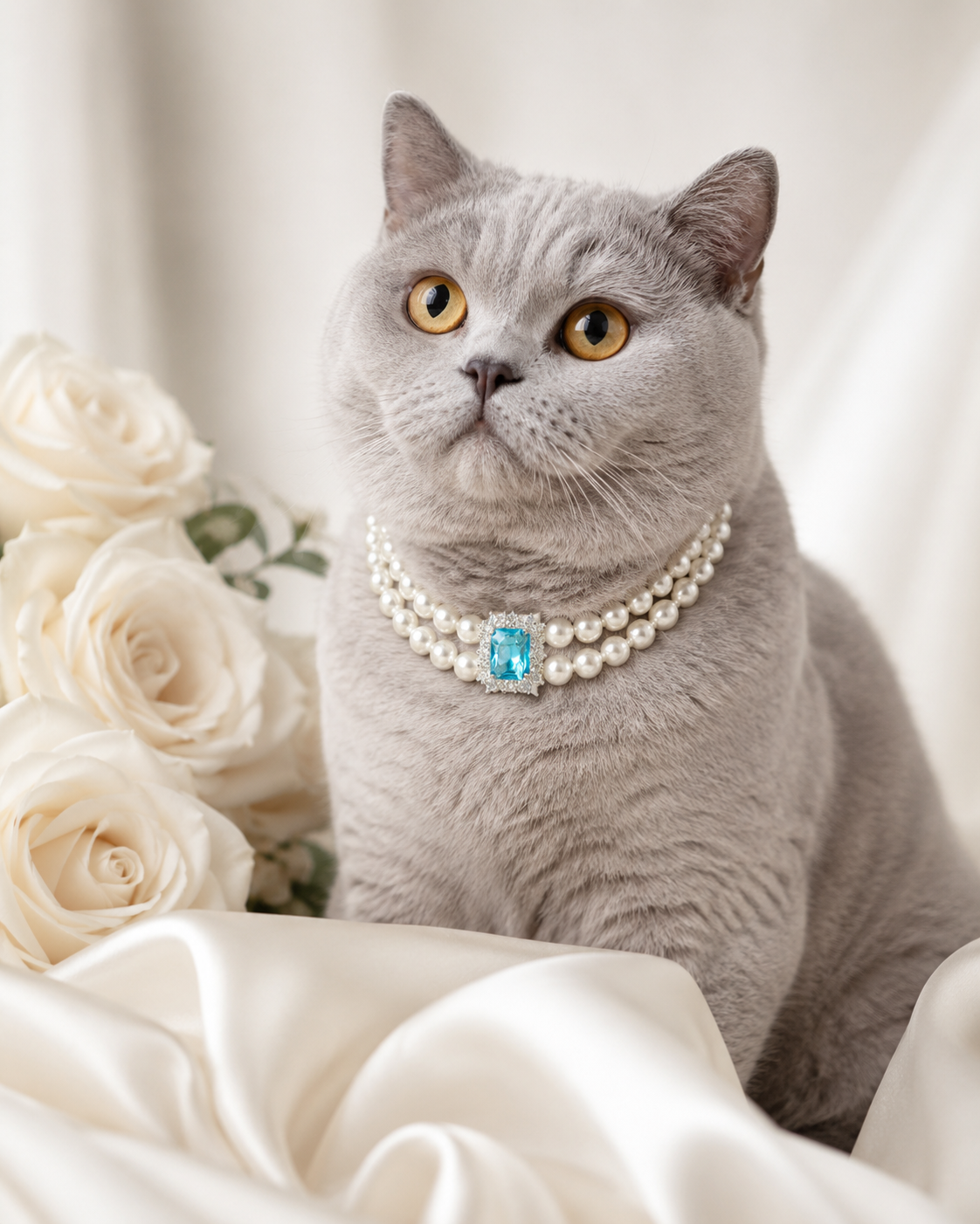 Handmade Lucky Blue Gem Pearl Pet Necklace