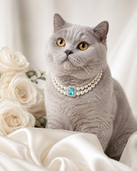 Handmade Lucky Blue Gem Pearl Pet Necklace