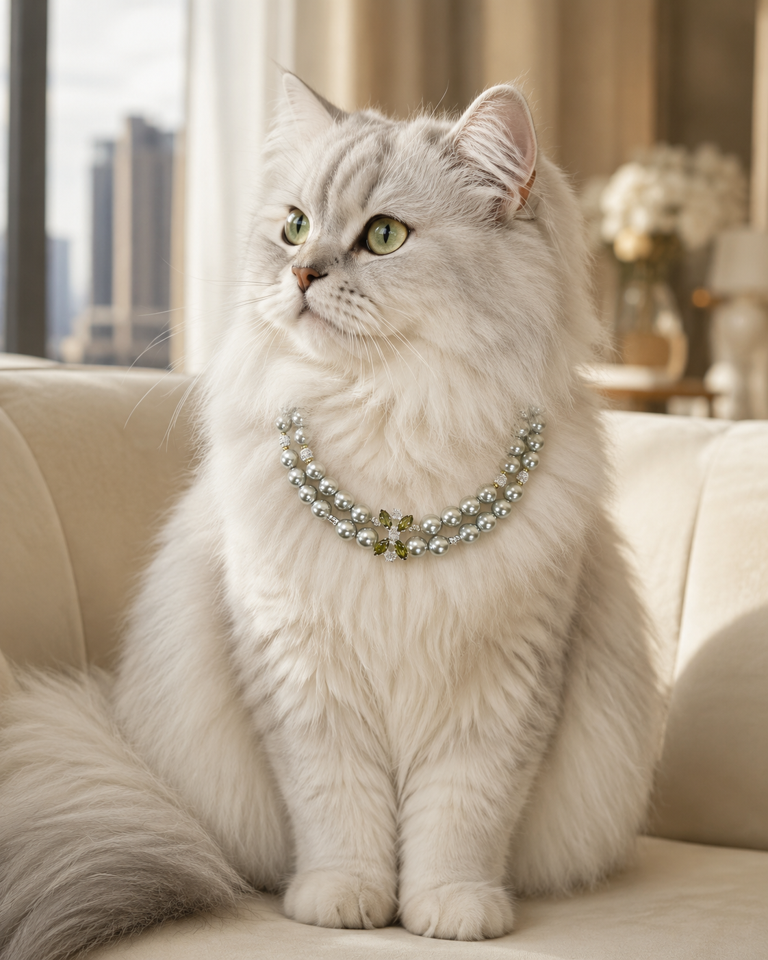 Handmade Lucky Silver Pearl Pet Collar with Butterfly Charm