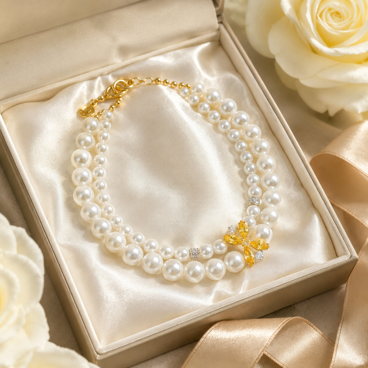 Handmade Lucky White Pearl Pet Necklace with Gold Charm