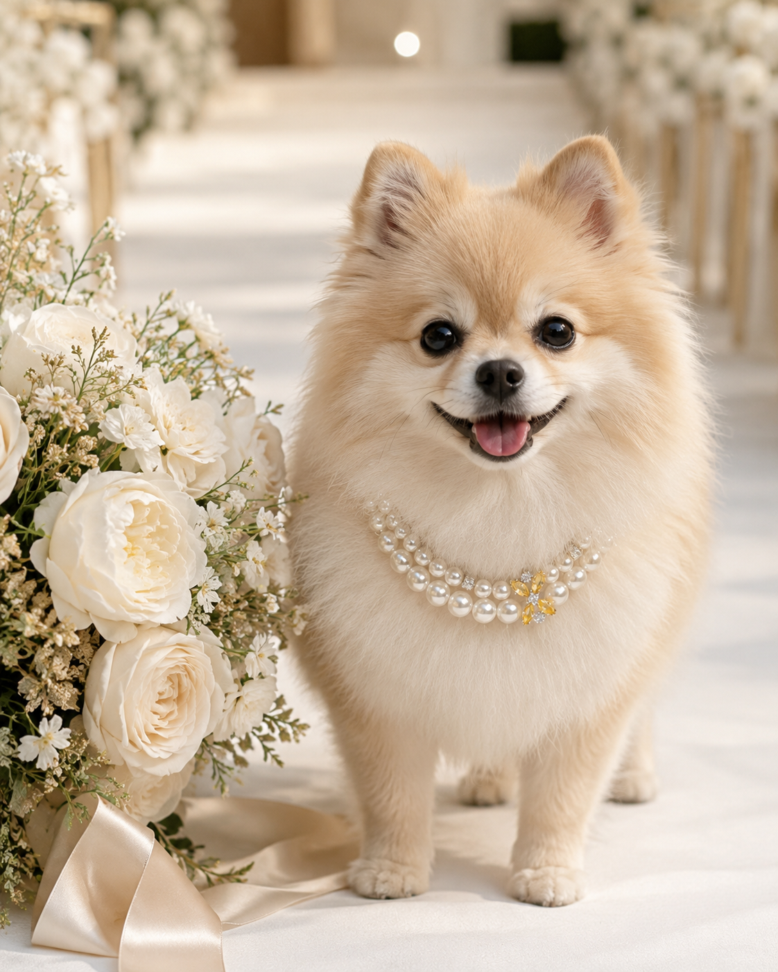 Handmade Lucky White Pearl Pet Necklace with Gold Charm