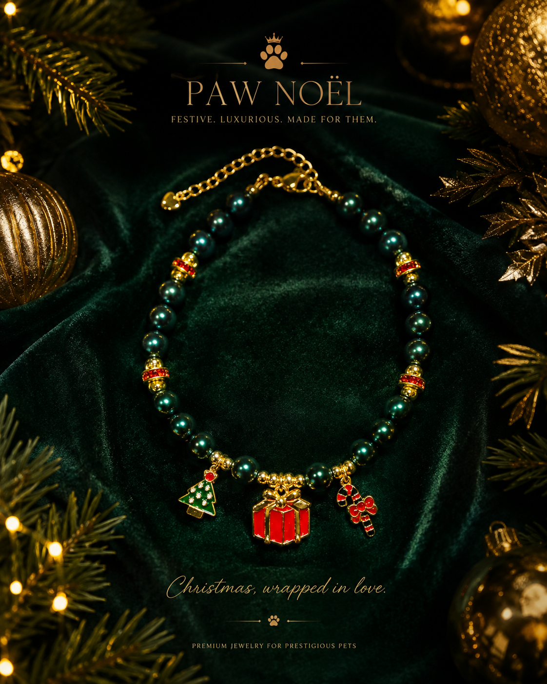 Handmade Lucky Christmas Pet Necklace with Holiday Charms