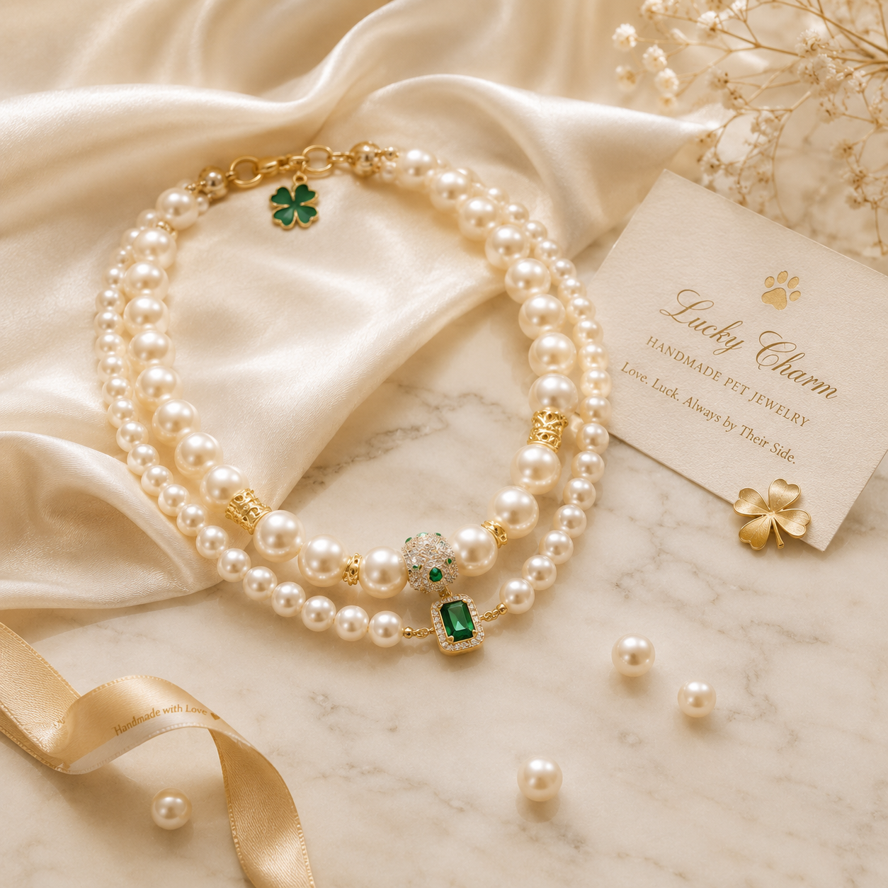 Handmade Lucky Charm Pet Pearl Necklace Elegant Handmade Pet Necklace with Lucky Green Pendant