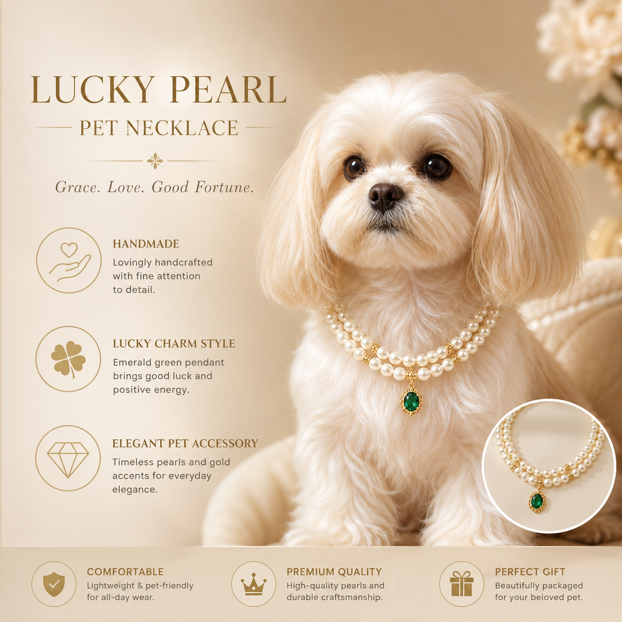 Handmade Lucky Charm Pet Pearl Necklace Elegant Handmade Pet Necklace with Lucky Green Pendant