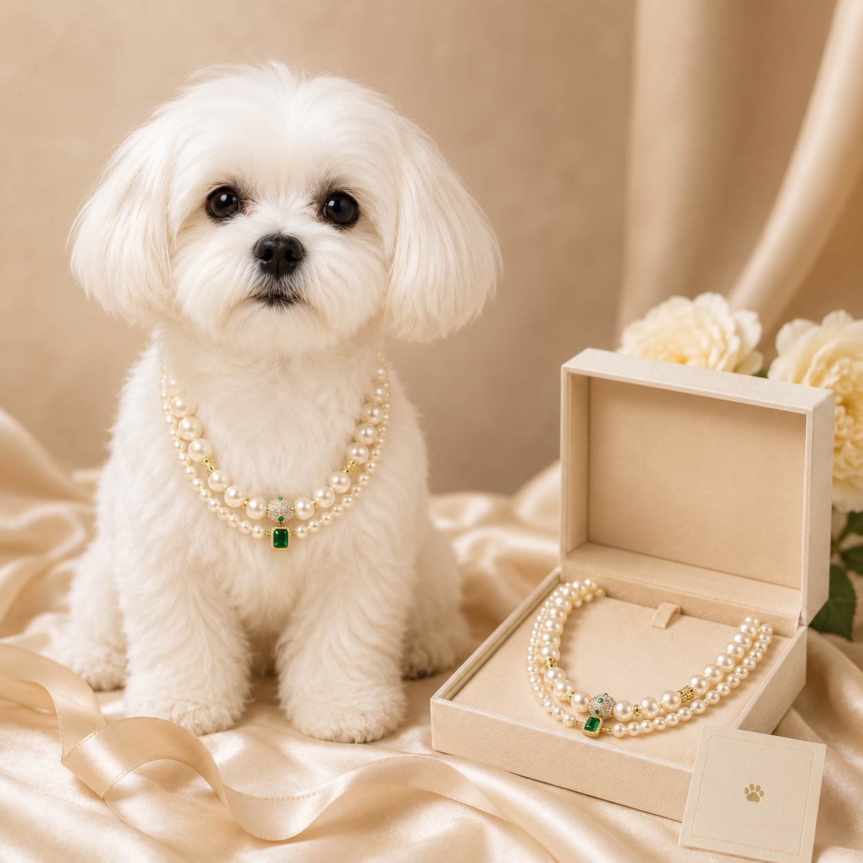 Handmade Lucky Charm Pet Pearl Necklace Elegant Handmade Pet Necklace with Lucky Green Pendant