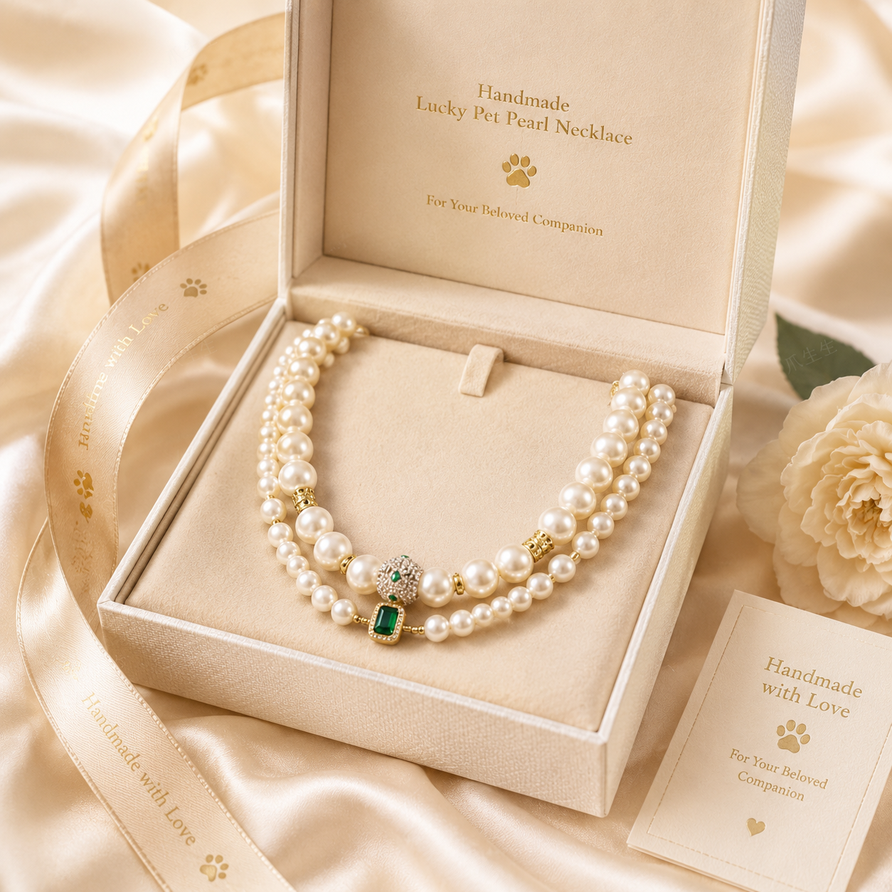 Handmade Lucky Charm Pet Pearl Necklace Elegant Handmade Pet Necklace with Lucky Green Pendant