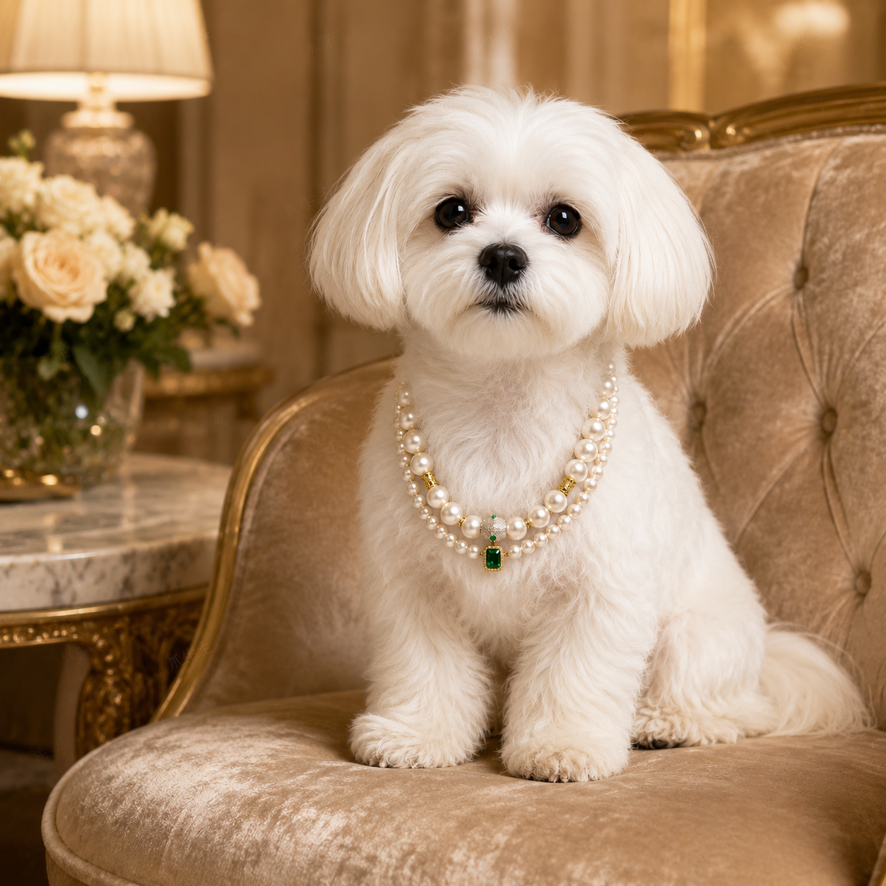 Handmade Lucky Charm Pet Pearl Necklace Elegant Handmade Pet Necklace with Lucky Green Pendant