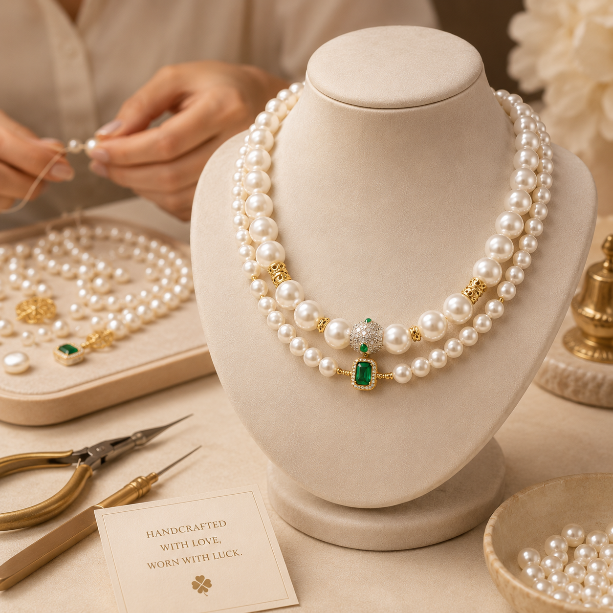Handmade Lucky Charm Pet Pearl Necklace Elegant Handmade Pet Necklace with Lucky Green Pendant