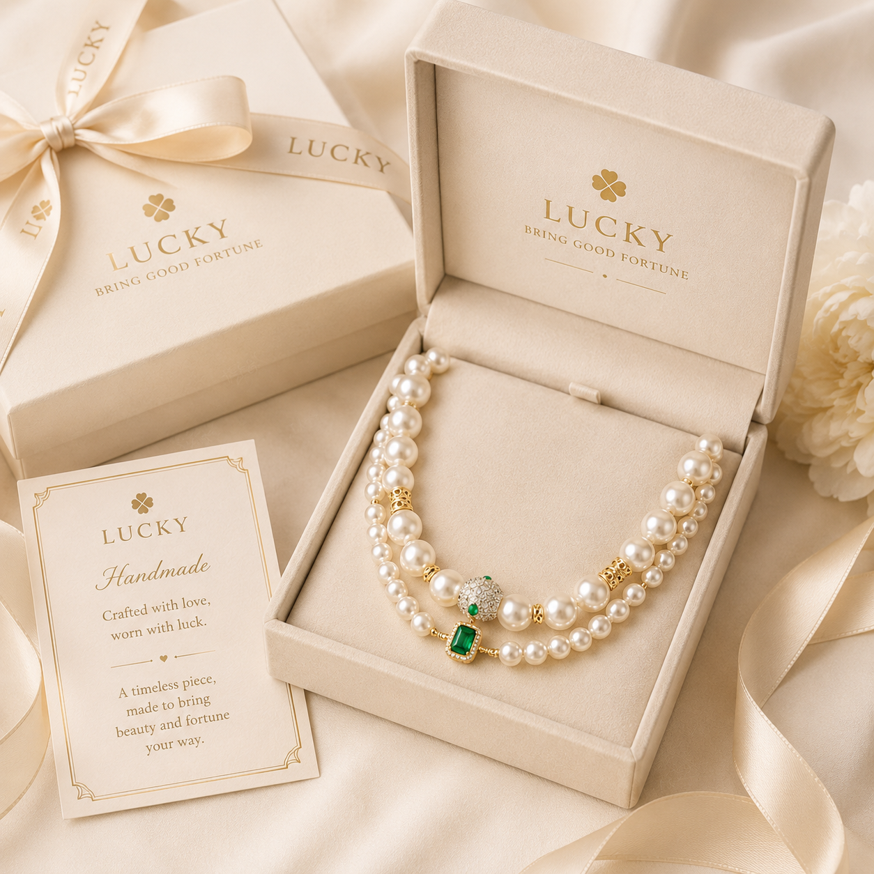 Handmade Lucky Charm Pet Pearl Necklace Elegant Handmade Pet Necklace with Lucky Green Pendant