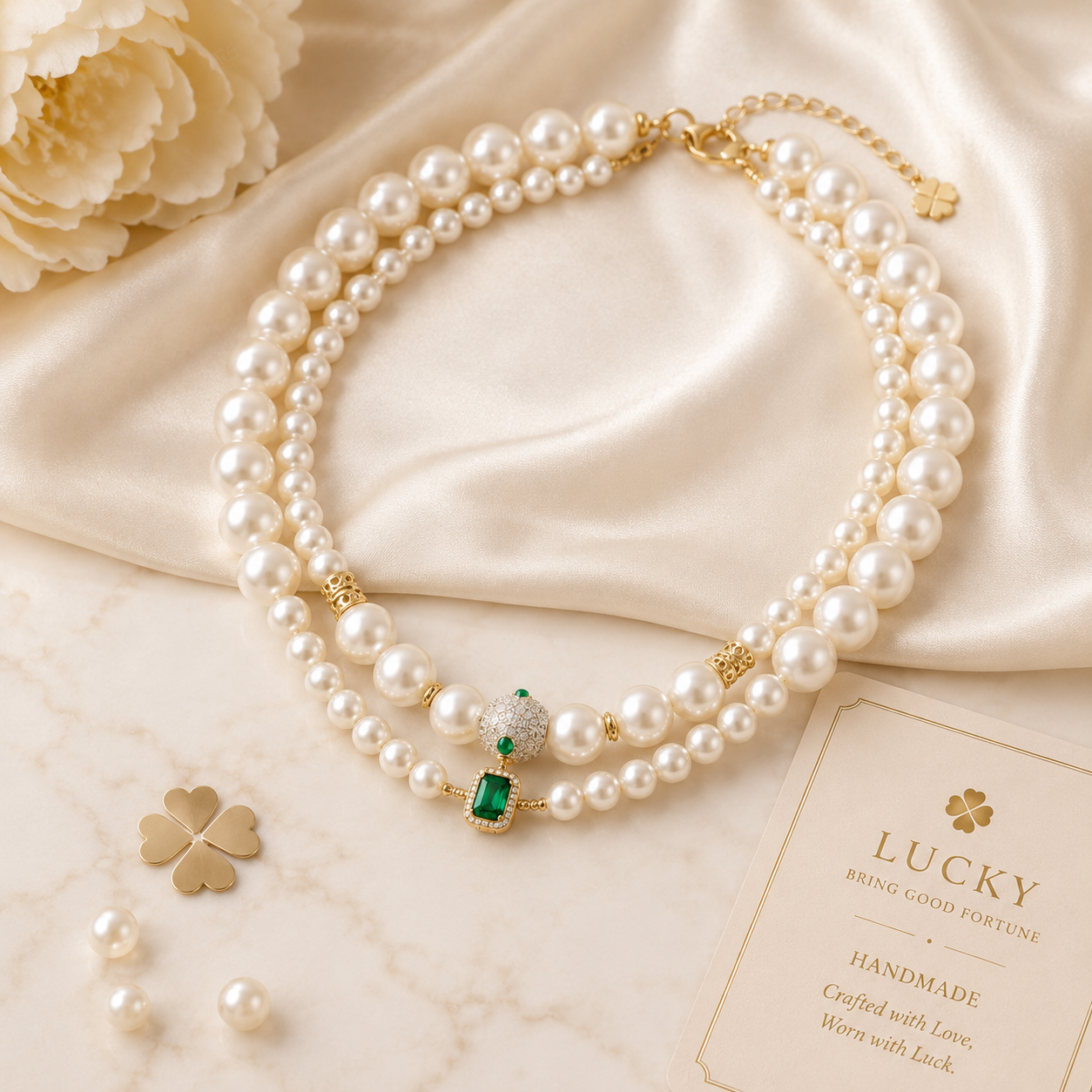 Handmade Lucky Charm Pet Pearl Necklace Elegant Handmade Pet Necklace with Lucky Green Pendant