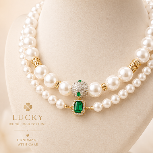Handmade Lucky Charm Pet Pearl Necklace Elegant Handmade Pet Necklace with Lucky Green Pendant
