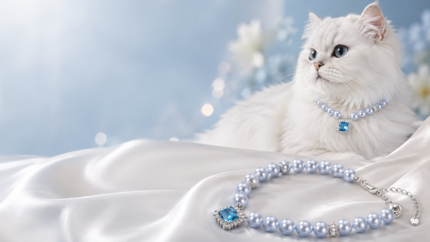 Handmade Lucky Aqua Blue Pearl Pet Necklace with Heart Charm