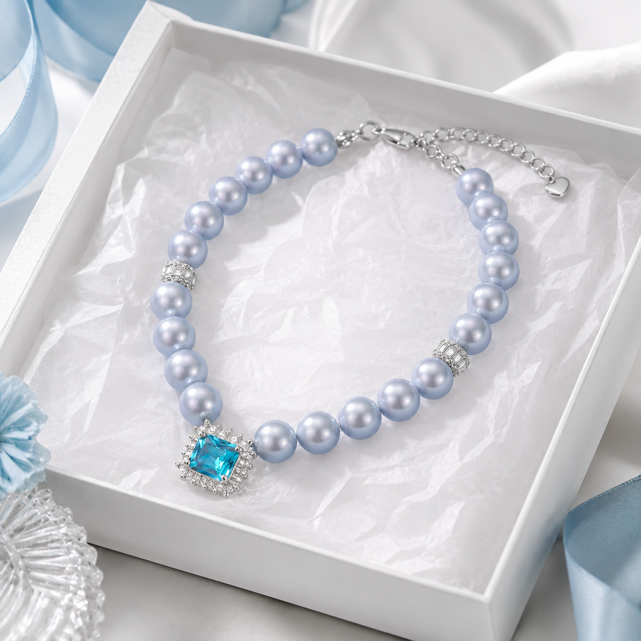 Handmade Lucky Aqua Blue Pearl Pet Necklace with Heart Charm