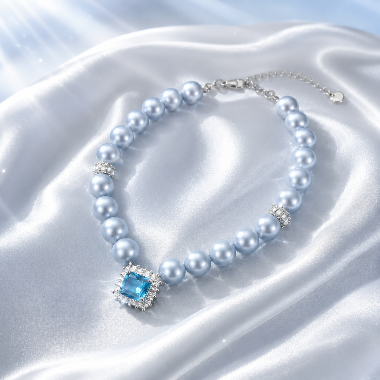Handmade Lucky Aqua Blue Pearl Pet Necklace with Heart Charm