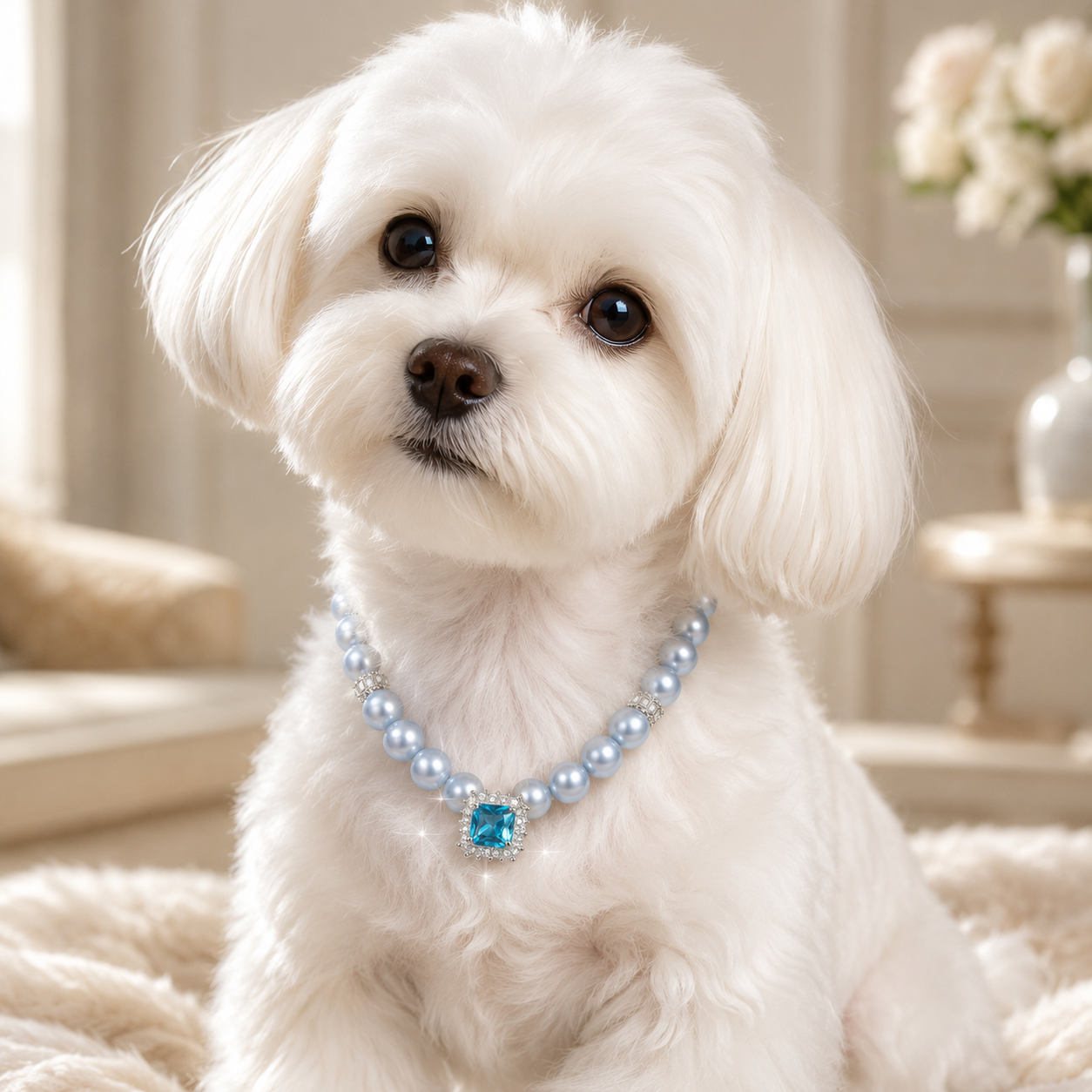 Handmade Lucky Aqua Blue Pearl Pet Necklace with Heart Charm