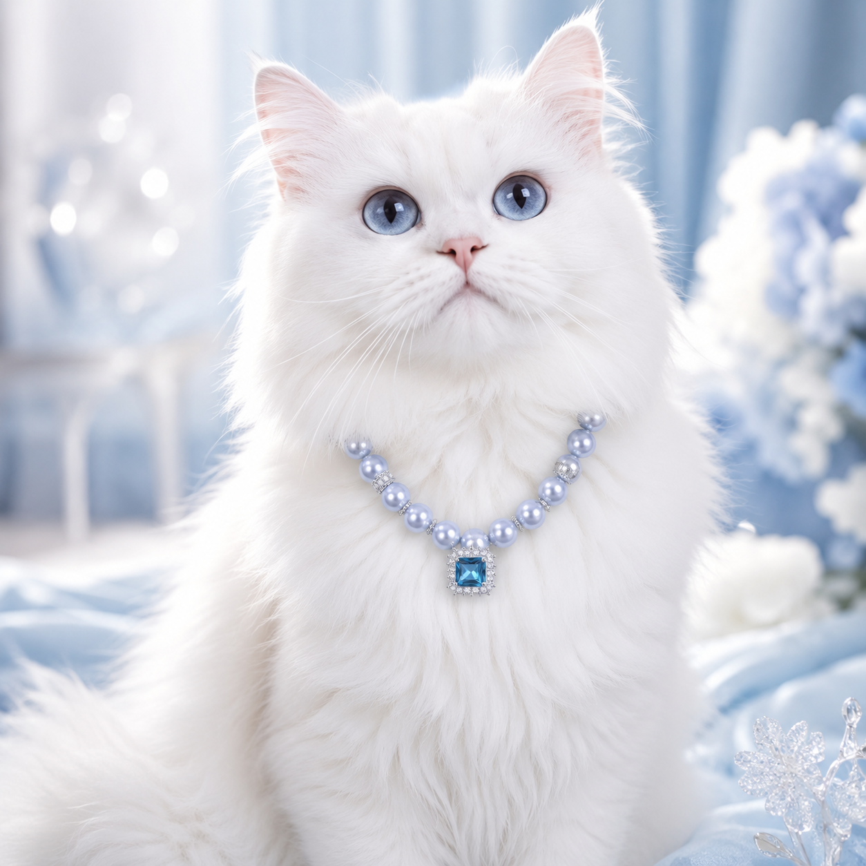 Handmade Lucky Aqua Blue Pearl Pet Necklace with Heart Charm
