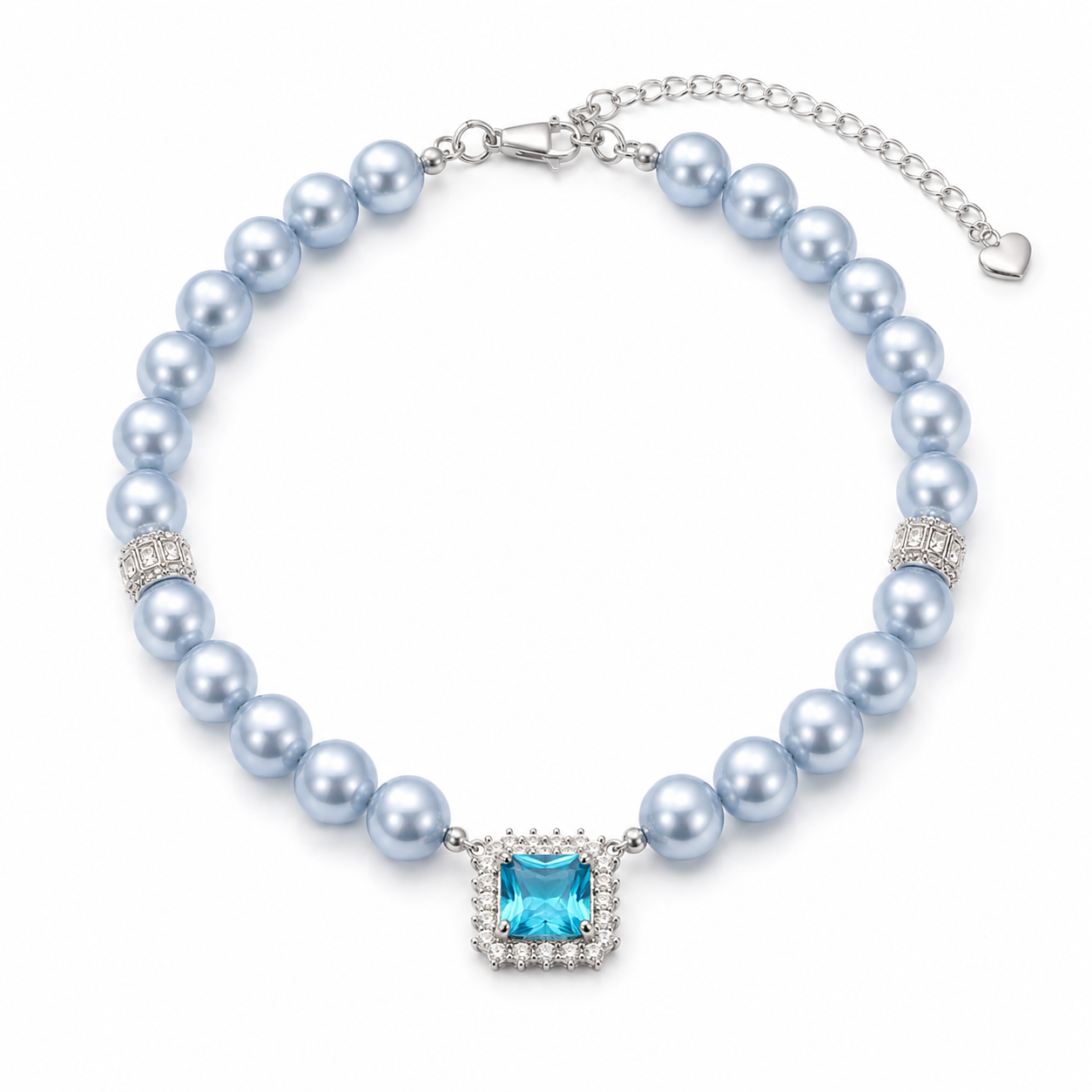 Handmade Lucky Aqua Blue Pearl Pet Necklace with Heart Charm