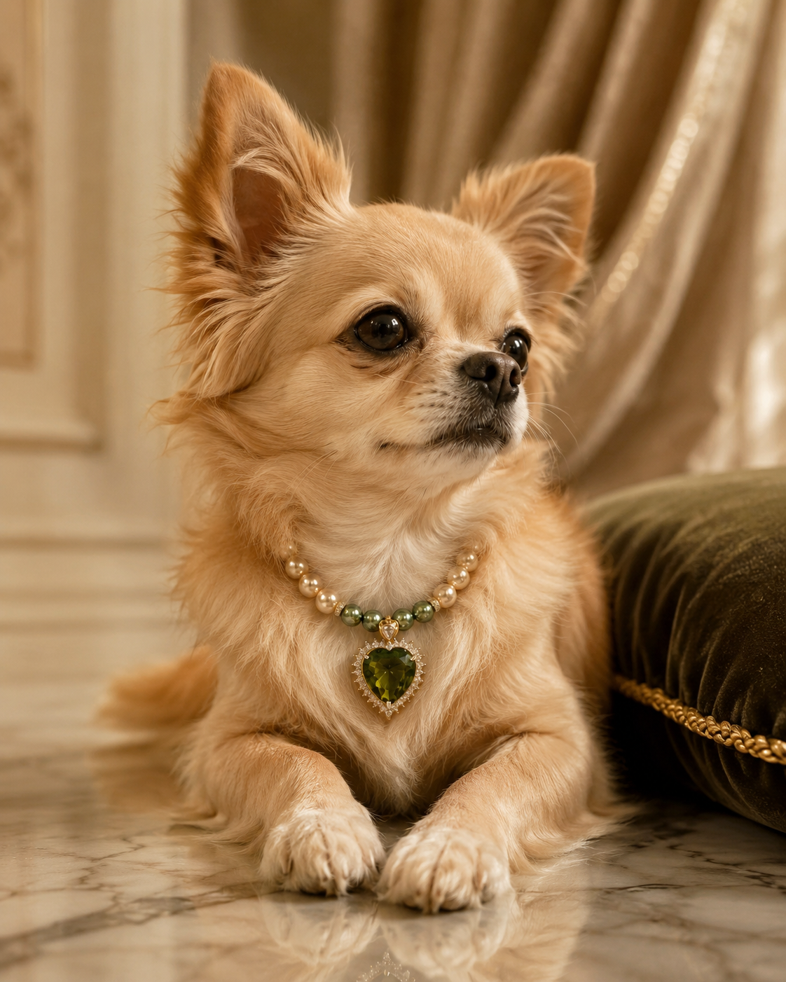 Handmade Lucky Green Heart Pearl Pet Necklace