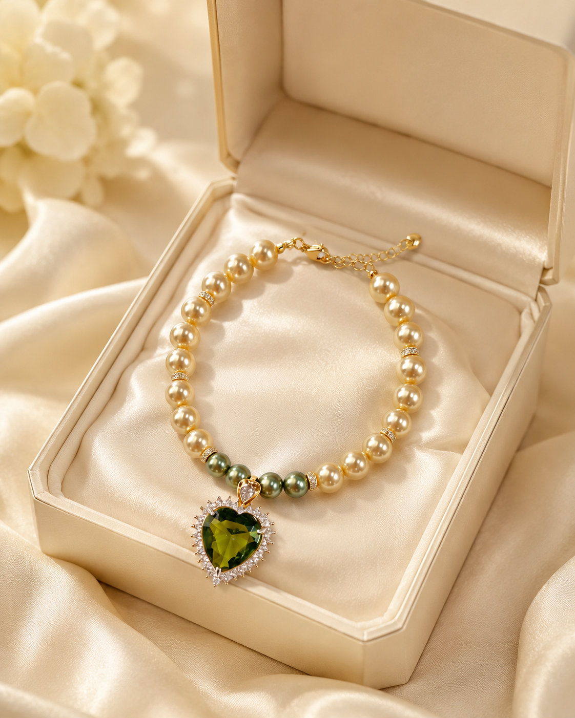 Handmade Lucky Green Heart Pearl Pet Necklace