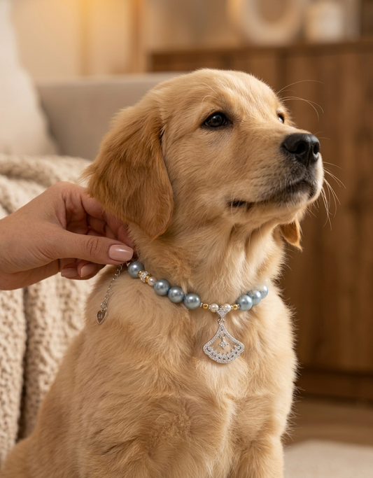 Handmade Lucky Blue Pearl Pet Choker with Heart Charm
