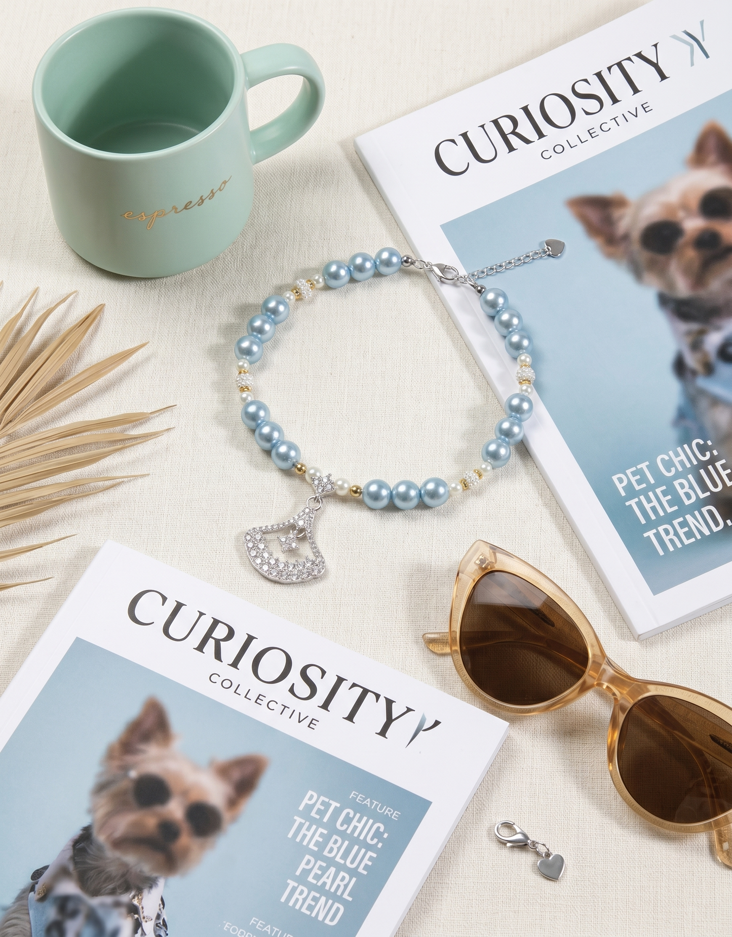 Handmade Lucky Blue Pearl Pet Choker with Heart Charm