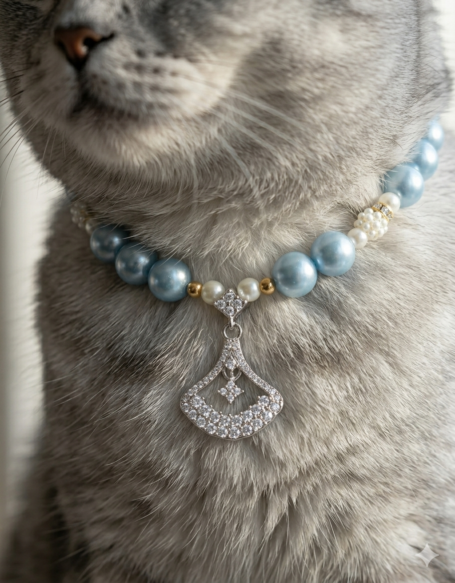 Handmade Lucky Blue Pearl Pet Choker with Heart Charm