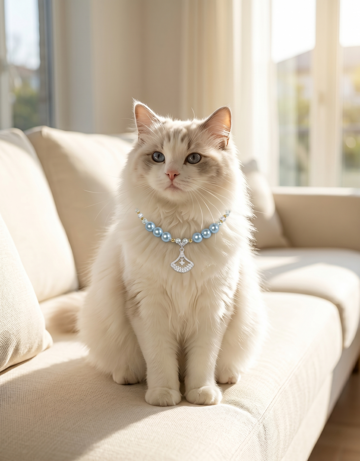 Handmade Lucky Blue Pearl Pet Choker with Heart Charm