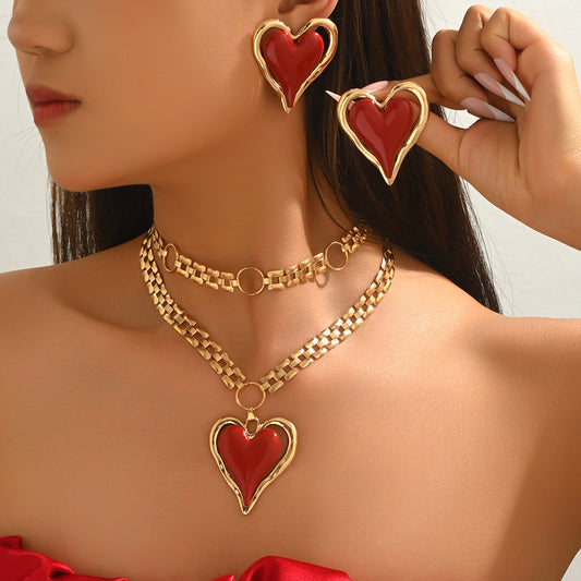 Heart Enamel Necklace & Earrings Set
