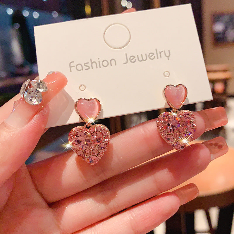 new Internet celebrity explosion pink diamond love stud earrings women's silver needle high-end fashion earrings tide